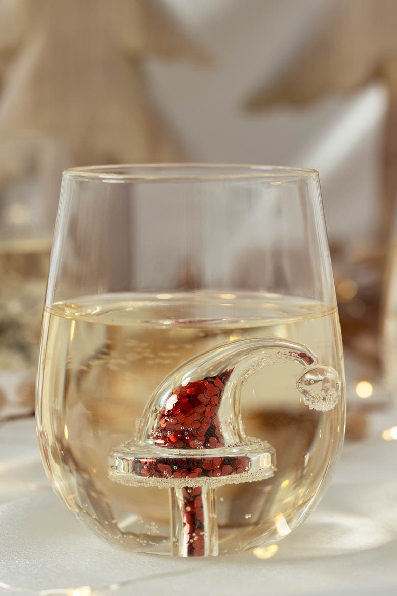 Glitter Christmas Santa Hat Stemless Wine Glass, Set of 4, Alternate, color, Red