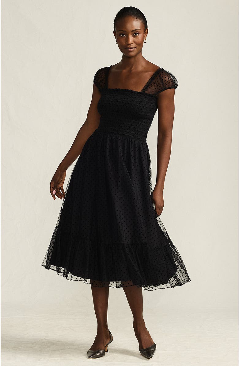 Lands' End Flocked Chiffon Midi Dress, Main, color, Black