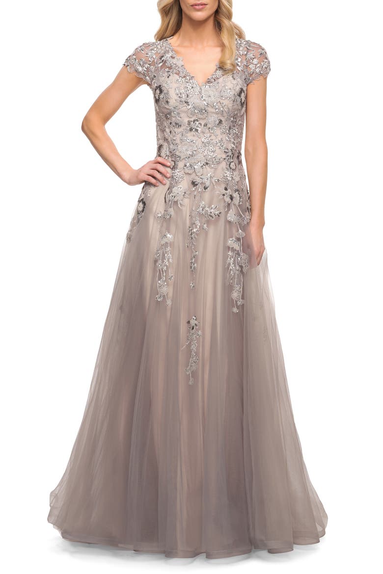 Beaded Lace A-line Gown with Short Sleeves, Main, color, Silver/Pink