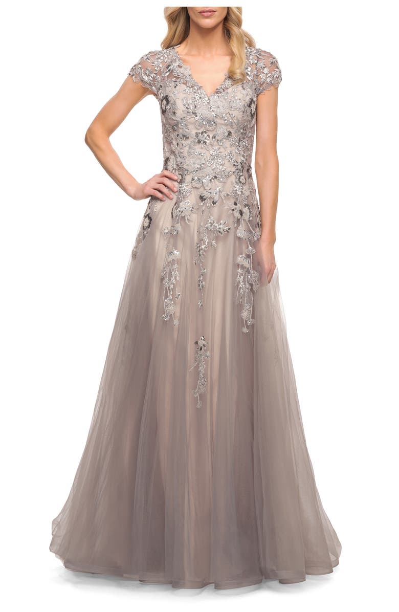 La Femme Beaded Lace A-line Gown with Short Sleeves, Main, color, Silver/Pink