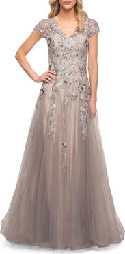 La Femme Beaded Lace A-line Gown with Short Sleeves