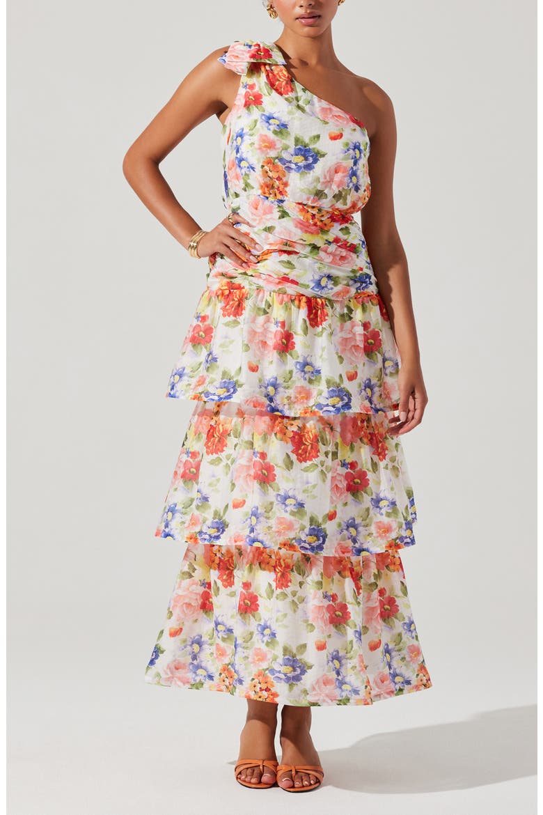 Natali Floral Print One-Shoulder Tiered Dress, Main, color, WHITE CORAL FLORAL