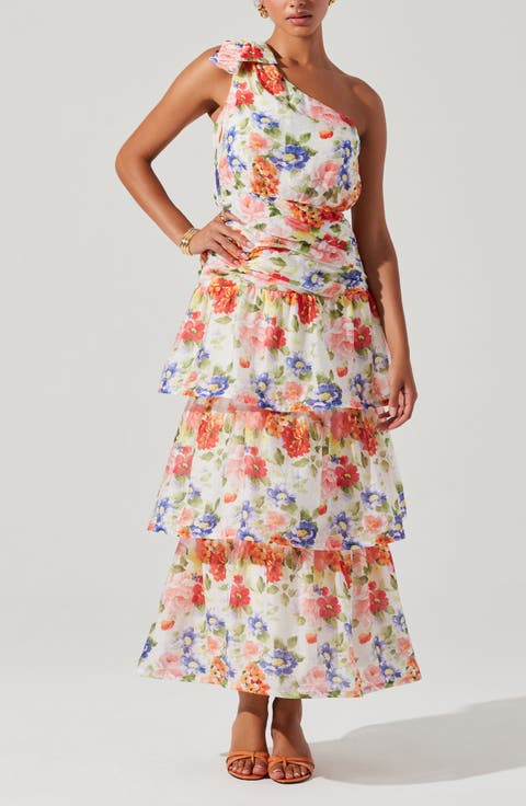 Natali Floral Print One-Shoulder Tiered Dress