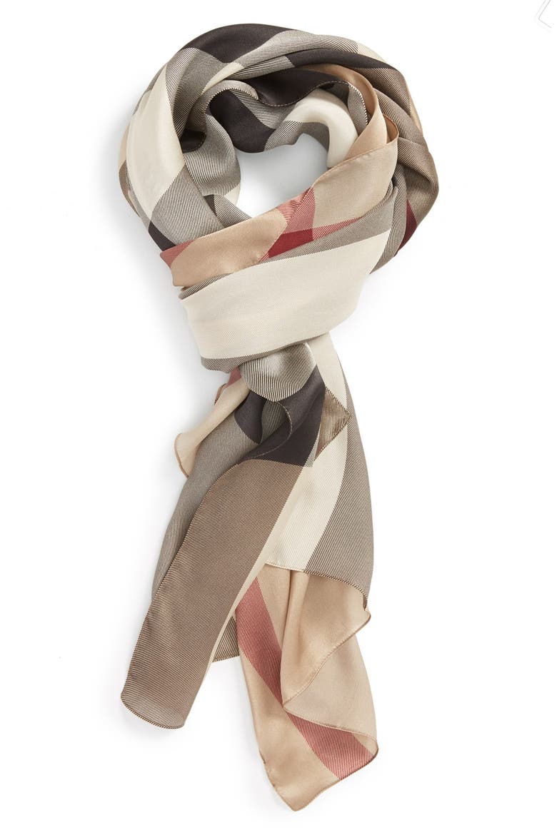 Check Print Silk Scarf, Main, color, SMOKED TRENCH CHECK