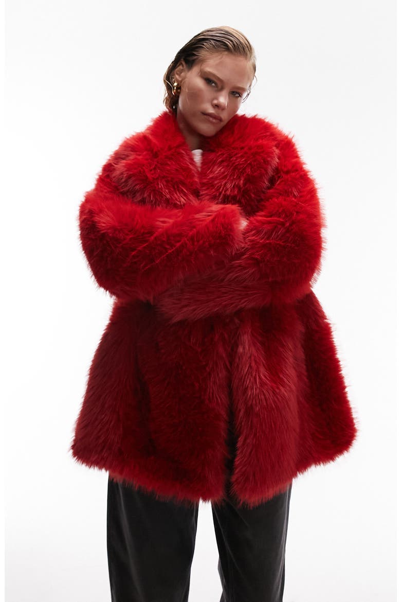 Faux Fur Coat, Main, color, RED