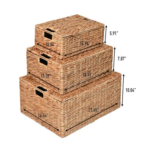 Happimess Brooks Classic Farmhouse Woven Hyacinth Rectangular Storage Baskets With Lids And Handles, In Natural