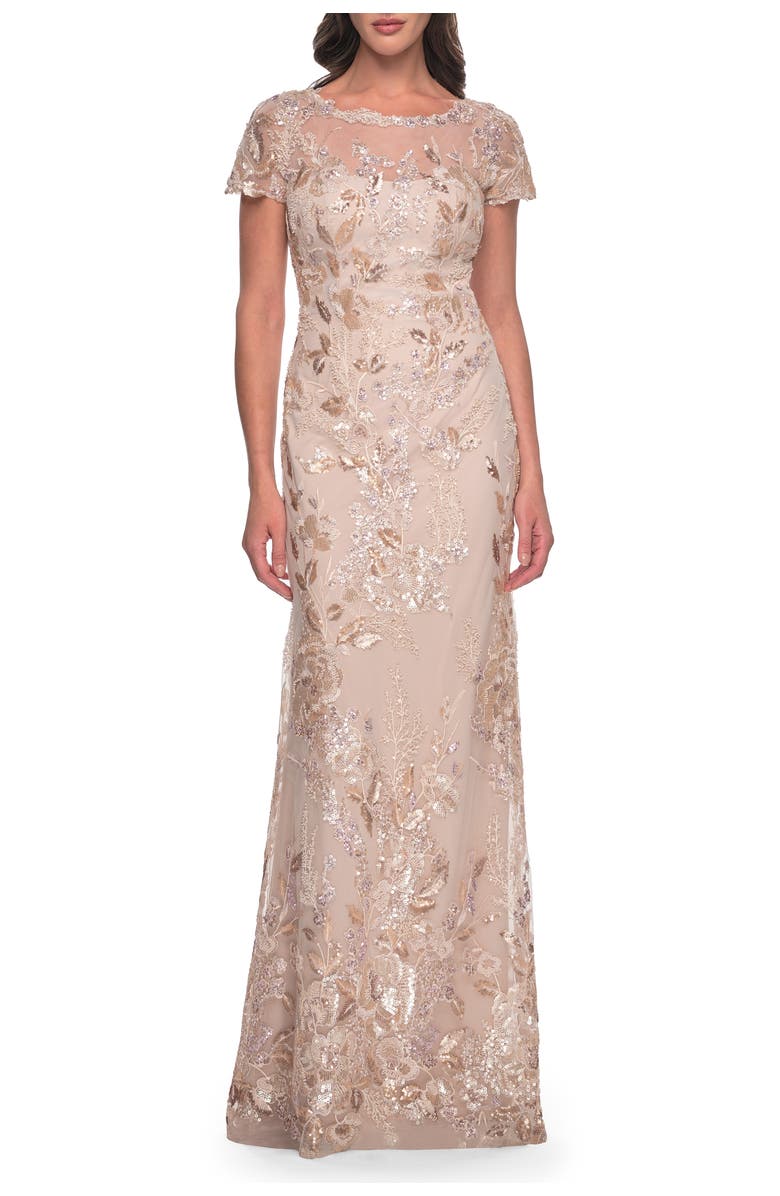 La Femme Fitted Chic Beaded Dress with Illusion Neckline and Short Sleeves, Main, color, Champagne