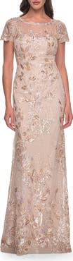 La Femme Fitted Chic Beaded Dress with Illusion Neckline and Short Sleeves