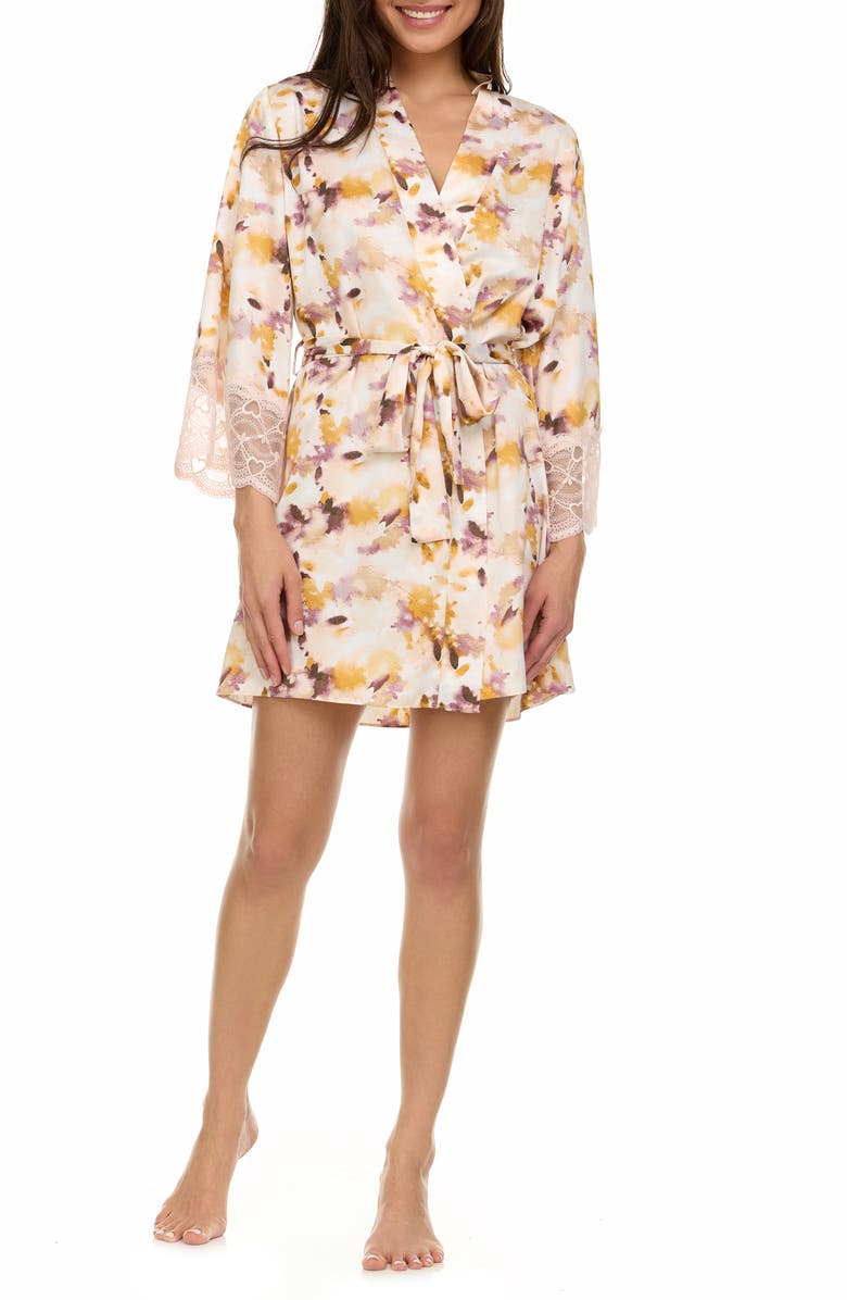 Flora By Flora Nikrooz Cindy Lace Trim Floral Satin Wrap Robe, Alternate, color, Ivory
