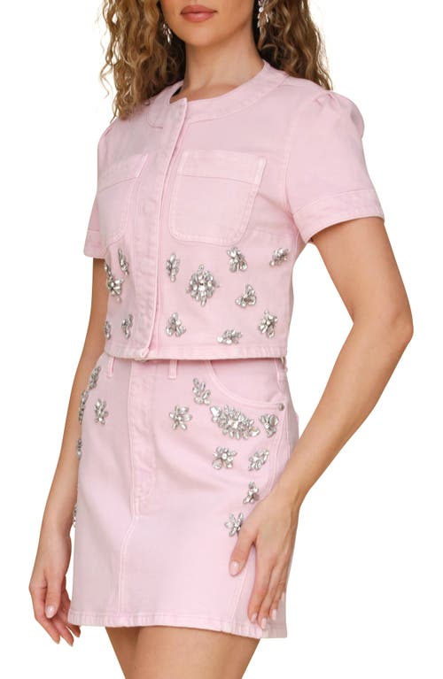 Avec Les Filles Rhinestone Embellished Short Sleeve Denim Shirt In Ballerina