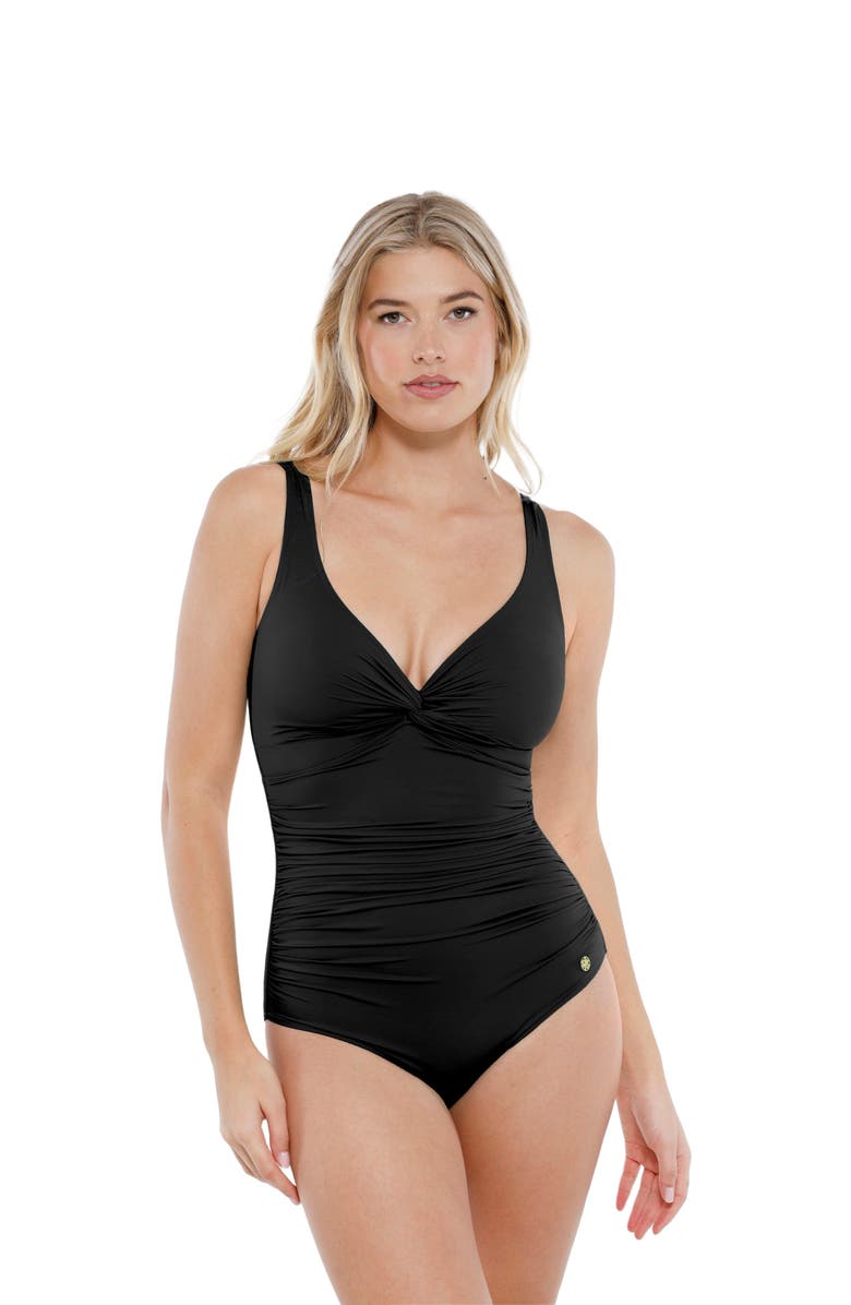 Popilush Shapewear Twist Front Ruched Sculpting Swimsuit, Main, color, Classic Black