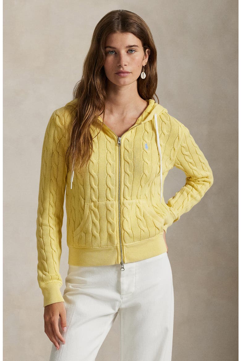 Cable Knit Cotton Full Zip Hoodie, Alternate, color, FALL YELLOW