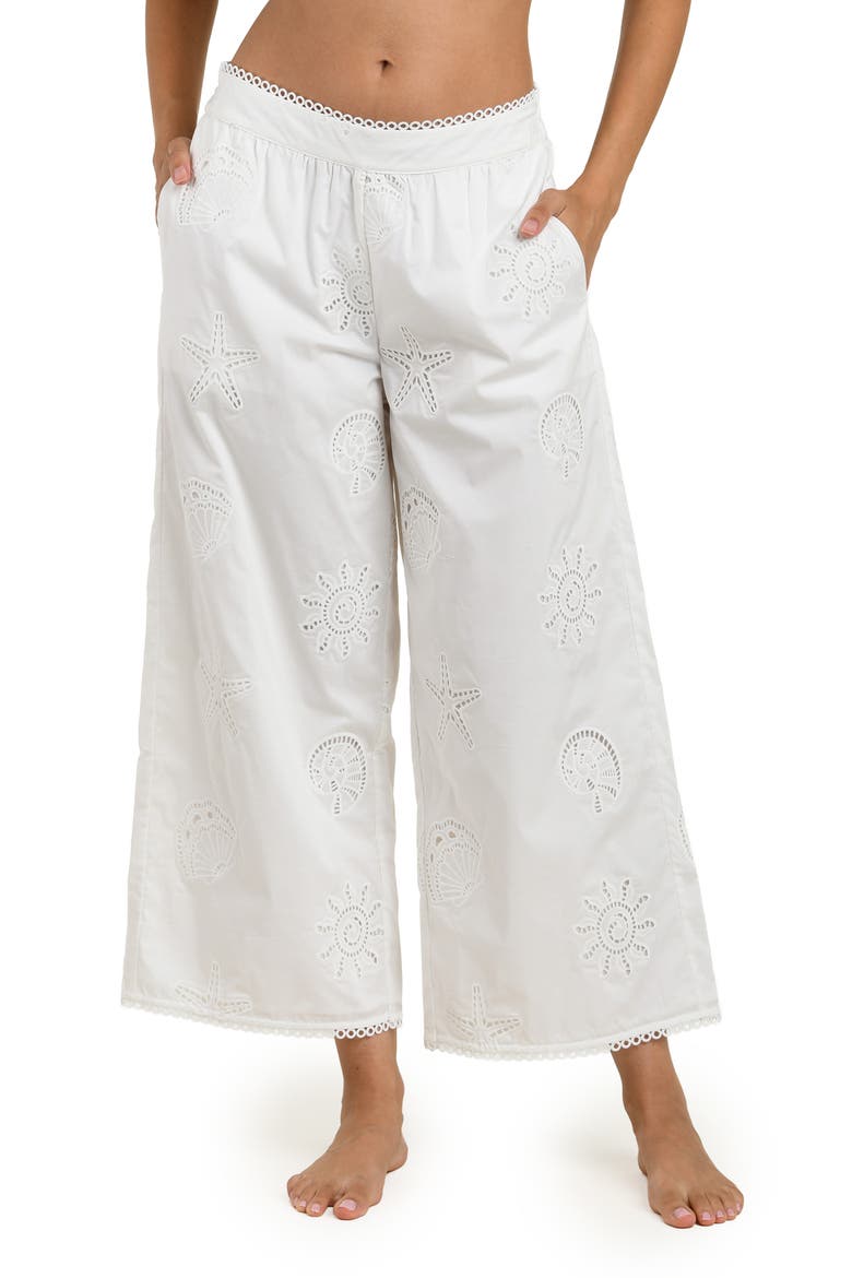 Bayside Embroidered Wide Leg Stretch Cotton Ankle Cover-Up Pants, Alternate, color, WHITE