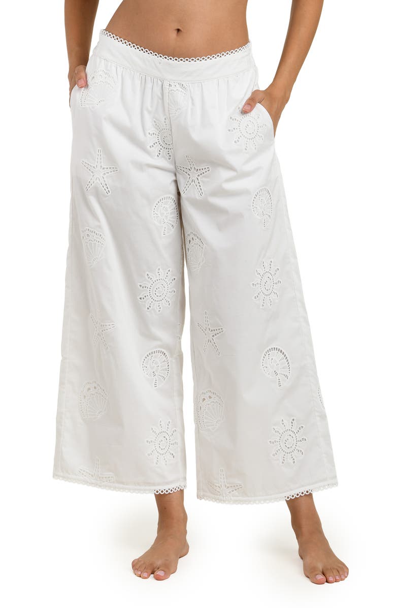 La Blanca Bayside Embroidered Wide Leg Stretch Cotton Ankle Cover-Up Pants, Alternate, color, White