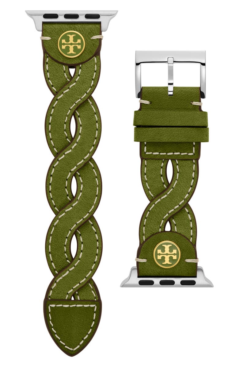 Tory Burch Braided Leather Apple Watch<sup>®</sup> Watchstrap, Main, color,