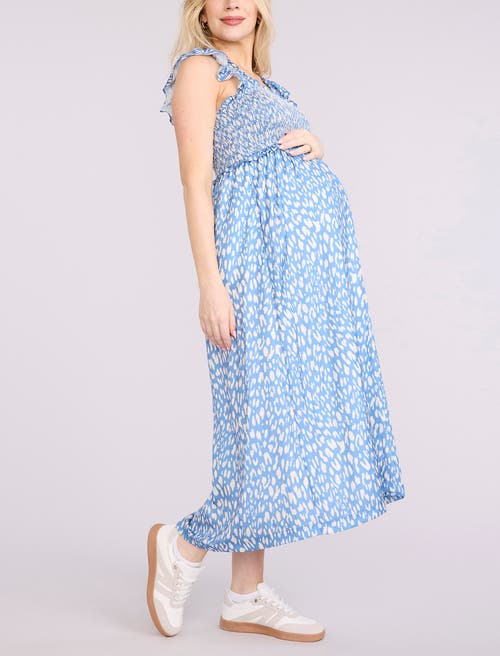 Motherhood Maternity Sleeveless Ruffle Shoulder Smocked Maxi Dress In Blue