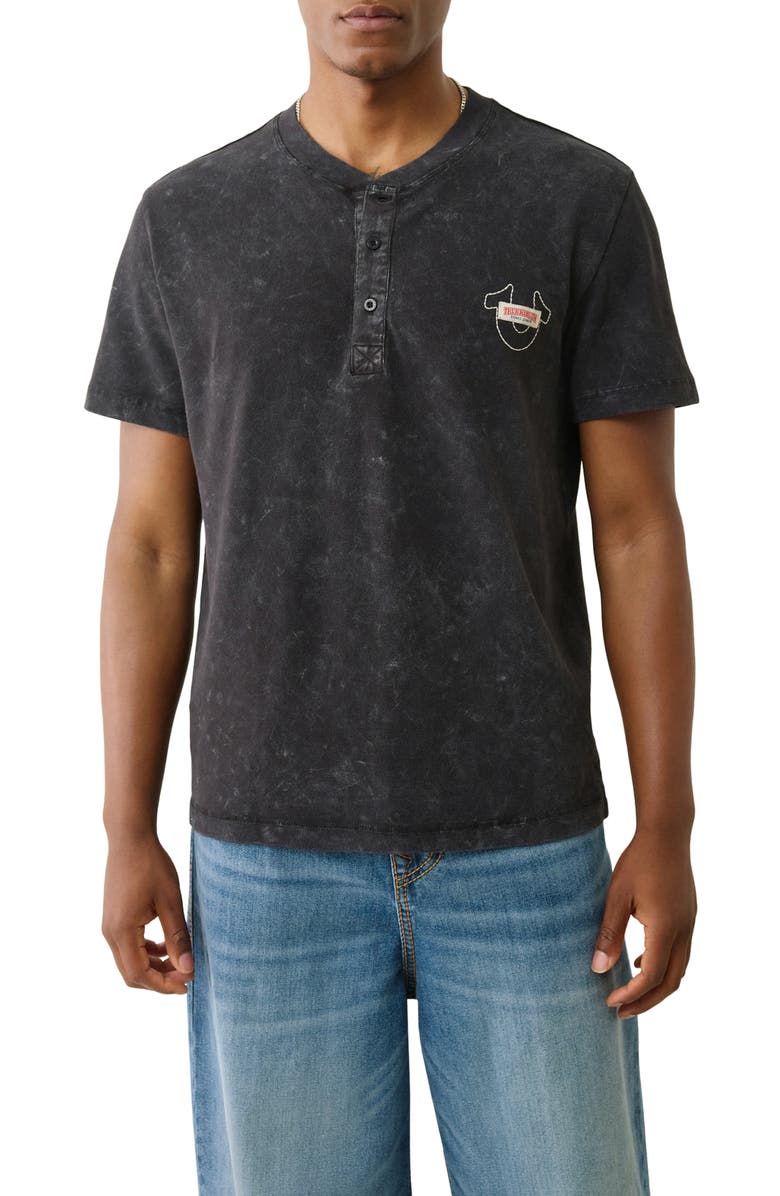 True Religion Stonewashed Piqué Henley, Main, color, Jet Black