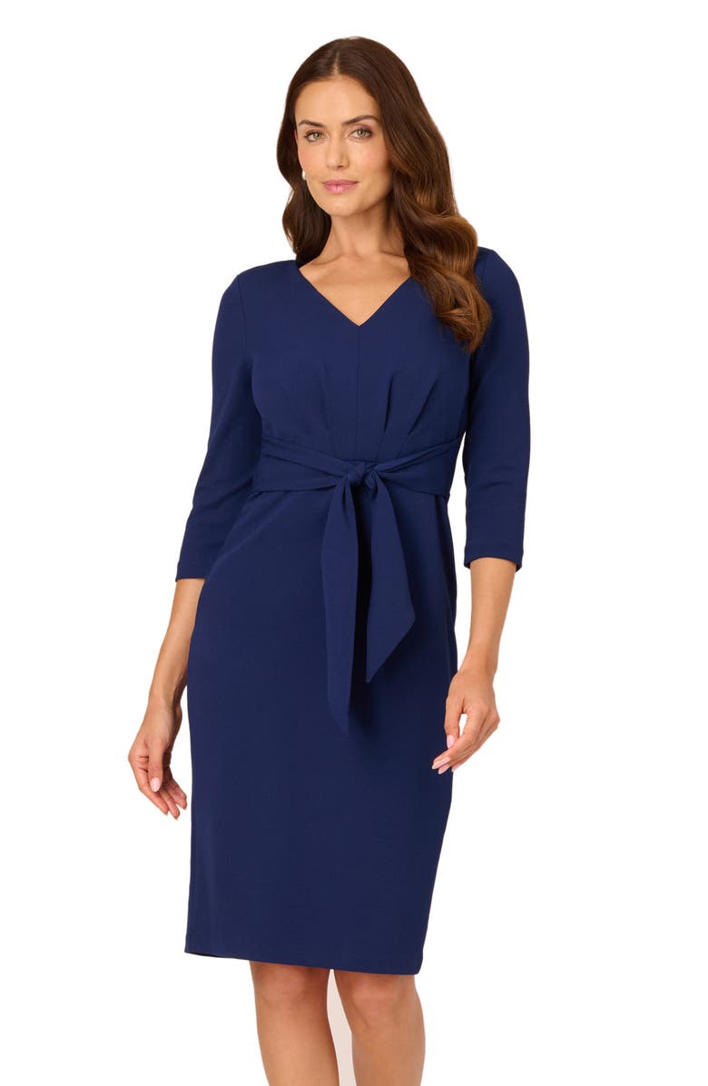 Adrianna Papell Tie Waist Crepe Sheath Dress, Alternate, color, Navy Sateen