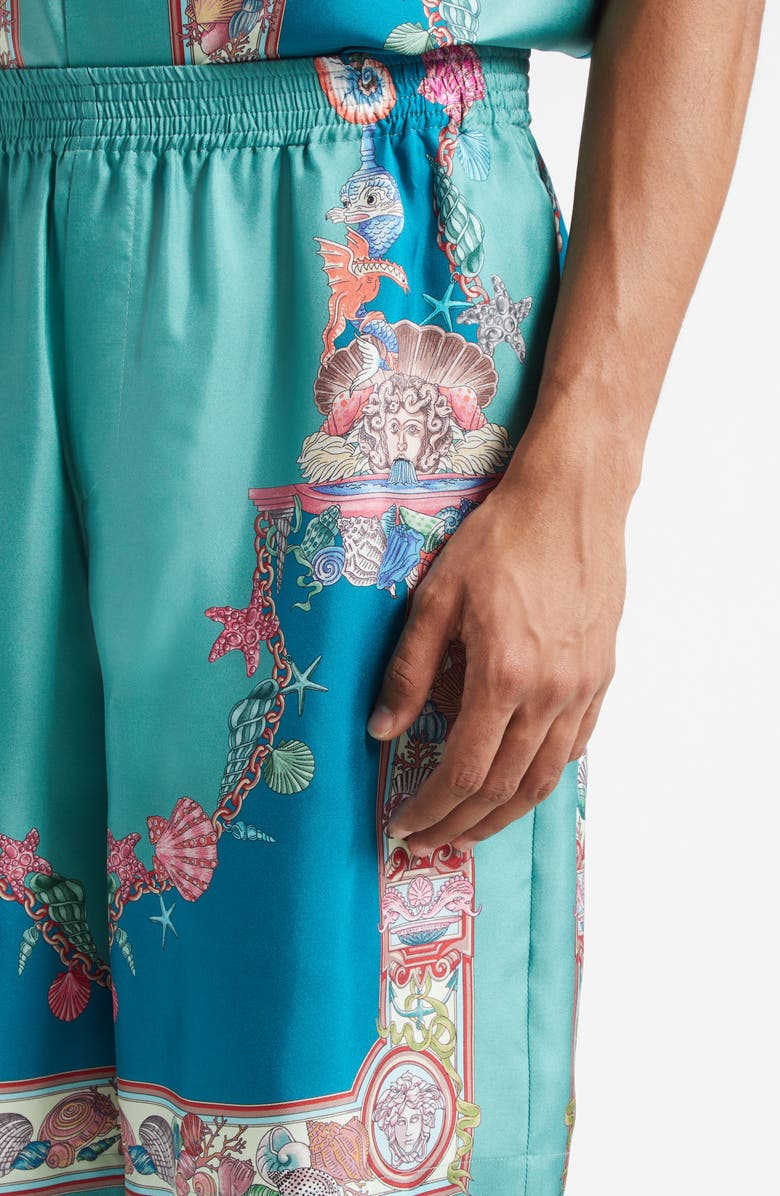Versace Coral Theatre Silk Shorts, Alternate, color, Sea Green Dark Sea Green