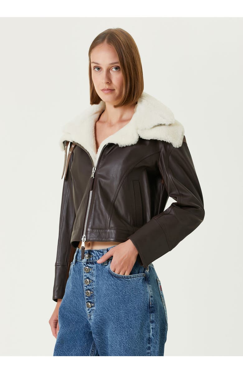 PCFG Double Collar Leather Women Jacket, Alternate, color, Brown