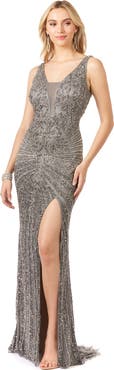 LARA New York Thigh High Slit Beaded Gown