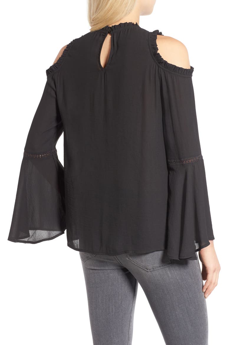 Ruffle Edge Cold Shoulder Blouse, Alternate, color, BLACK