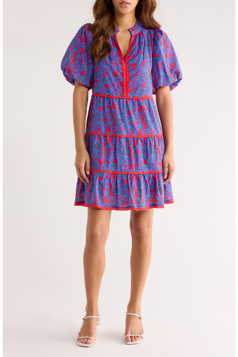 Tanya Floral Tiered Cotton Dress, Main, color, BLUE-FUCHSIA