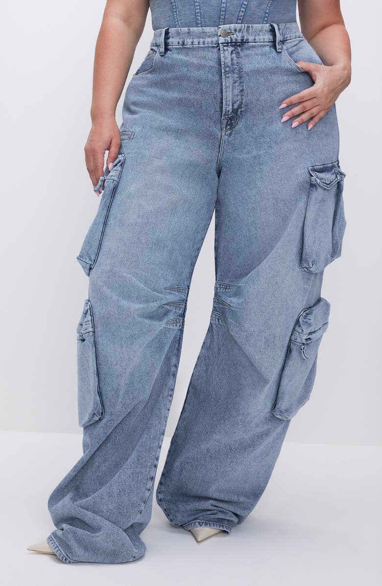 Good American Wide Leg Denim Cargo Jeans, Alternate, color, 