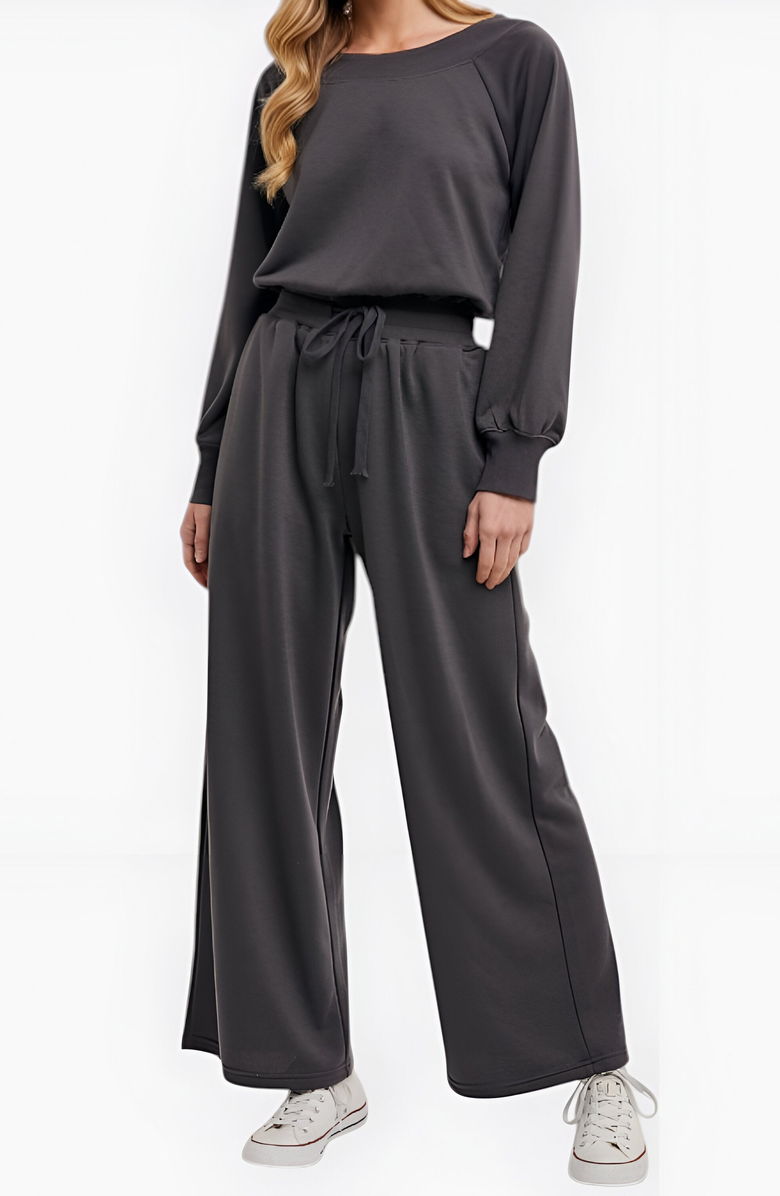 Modenaire Wide Leg Long Sleeve Crewneck Knit Jumpsuit with Drawstring Waist, Alternate, color, 