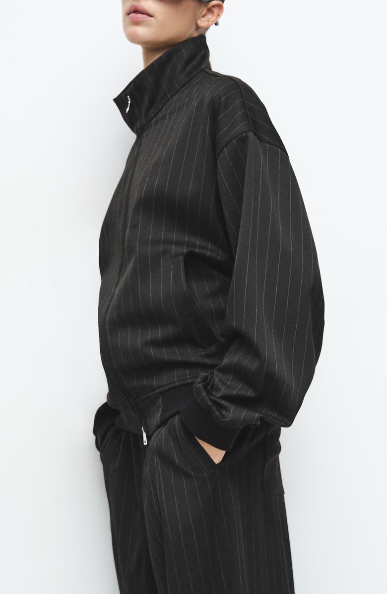 MANGO Pinstripe Bomber Jacket, Alternate, color, Black