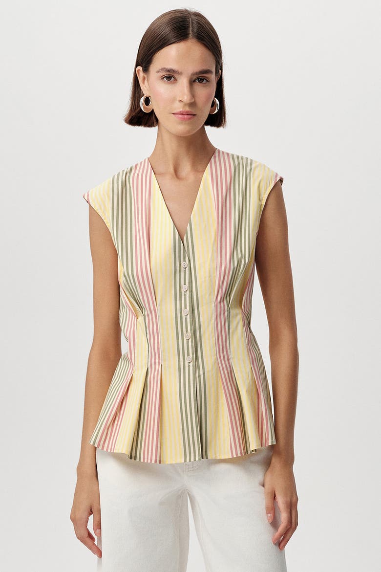 Biana V Neck Sleeveless Pleated Waist Shirt, Alternate, color, Multi Color