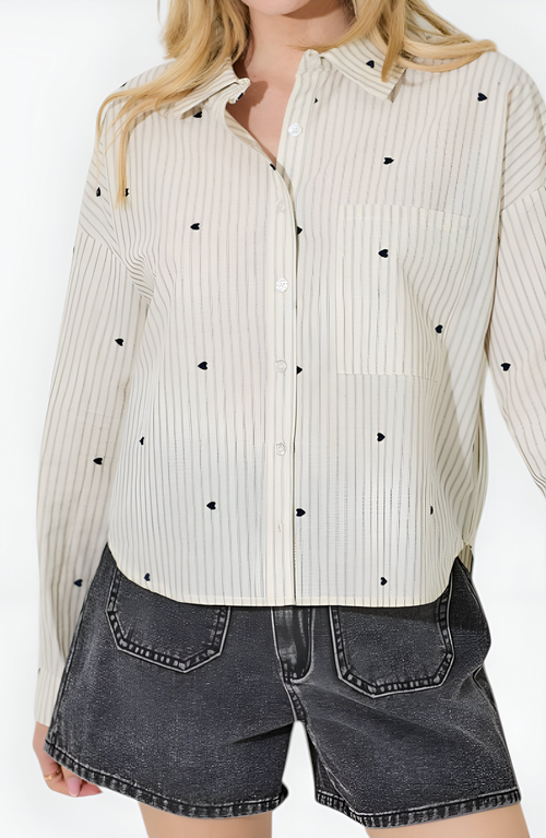 Modenaire Striped Button-up Shirt With Embroidered Hearts And Chest Pocket Detail In Neutral