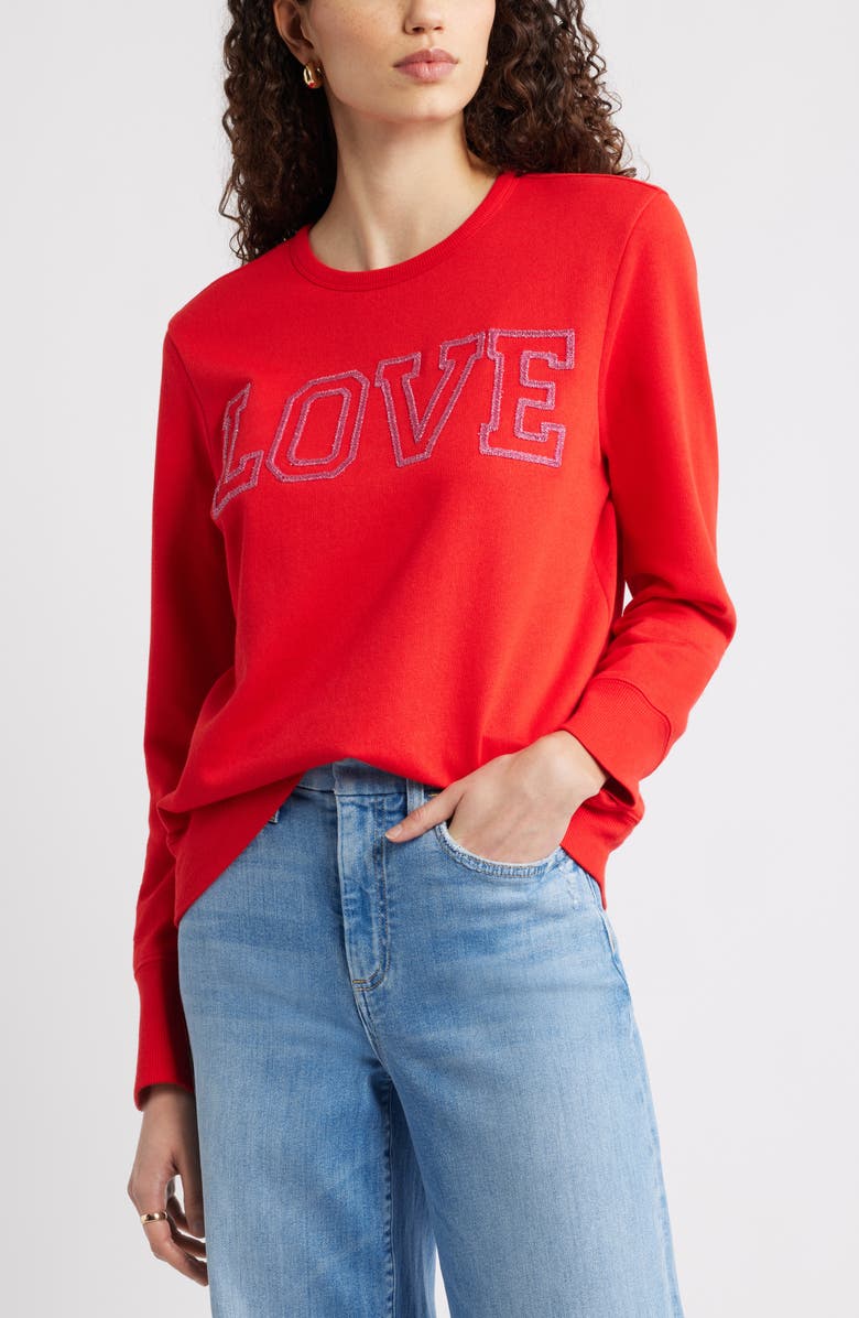 Caslon<sup>®</sup> Love Metallic Embellished Sweatshirt, Main, color, Red Goji Pink Yarrow Love