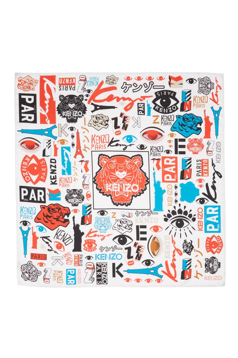 Tiger Poster Silk Square Scarf, Main, color, WHITE