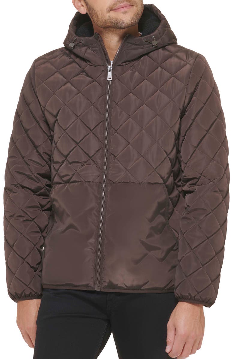 Kenneth Cole New York Faux Shearling Lined Hood Quilted Puffer Jacket, Alternate, color, Chocolate