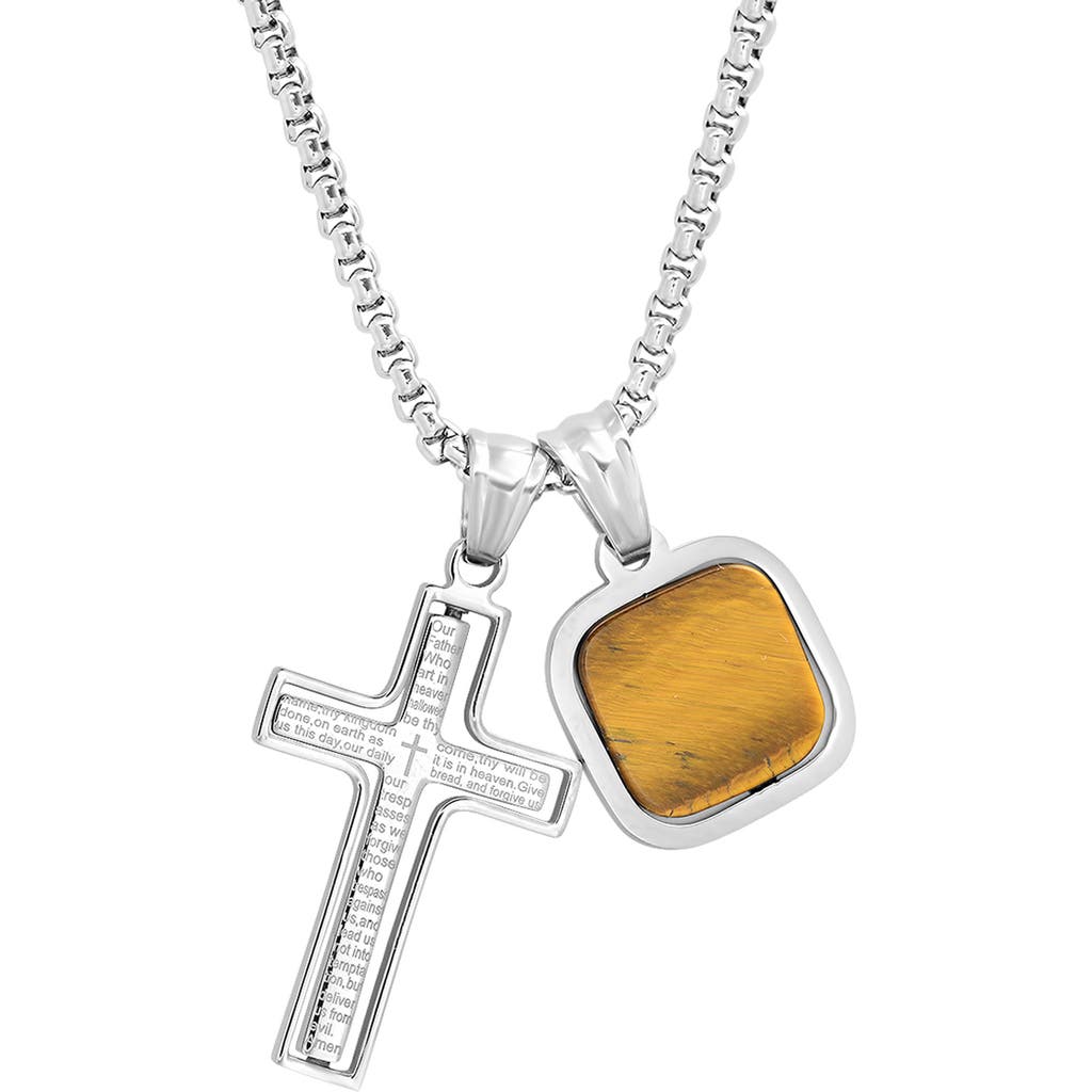 Hmy Jewelry Our Faith Orbital Cross & Tiger's Eye Pendant Necklace In Silver/brown
