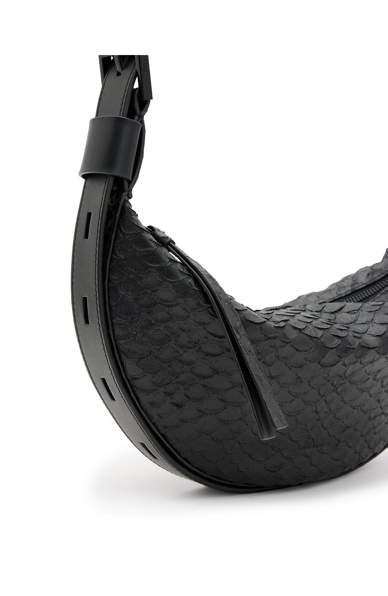 AllSaints Half Moon Snake Embossed Leather Crossbody Bag, Alternate, color, 