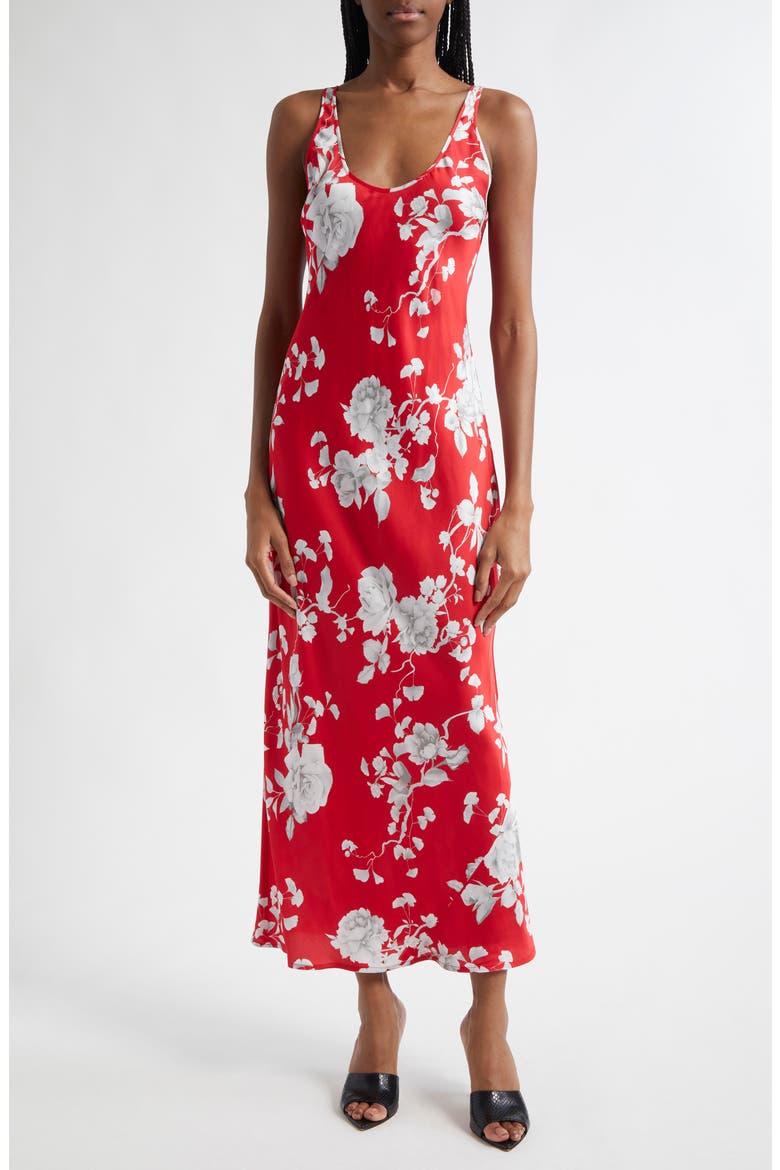 Akiya Floral Sleeveless Silk Satin Maxi Dress, Main, color, REDIVORY