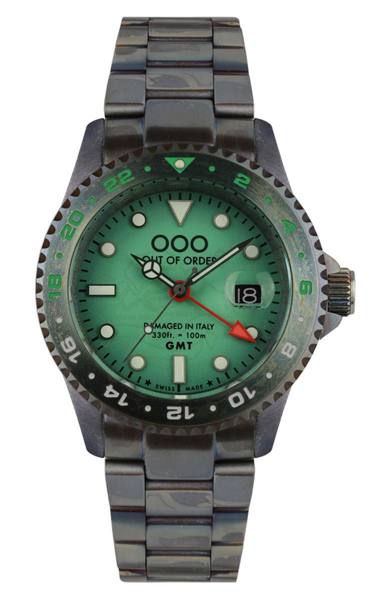 OUT OF ORDER Swiss Movement GMT Tokyo Shibuya Ultra Brushed Bracelet Watch, 44mm, Main, color, Black/ Light Green