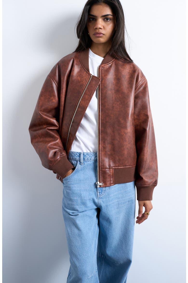 Oversize Faux Leather Bomber Jacket, Main, color, TAN