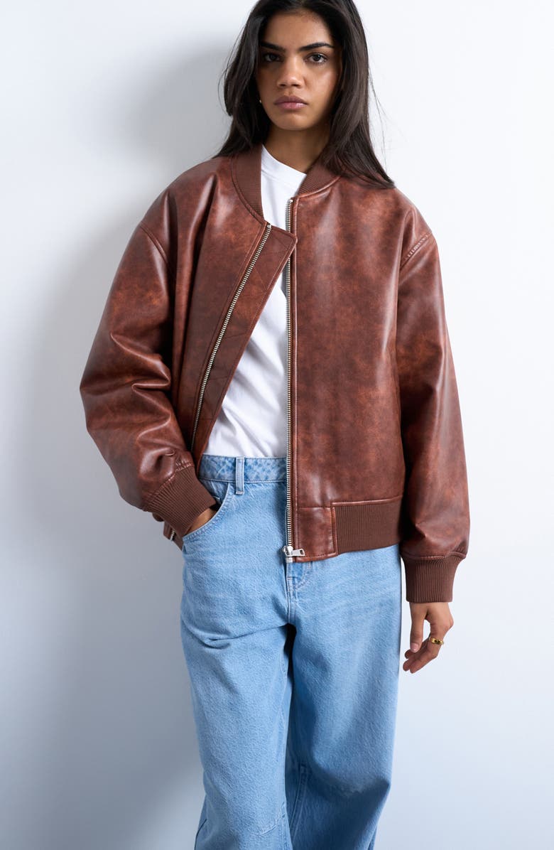 Topshop Oversize Faux Leather Bomber Jacket, Main, color, Tan