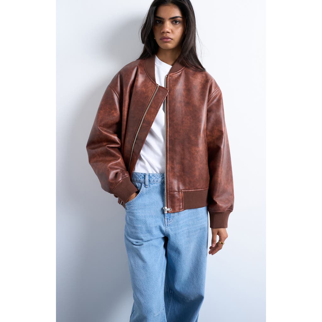 Topshop Oversize Faux Leather Bomber Jacket In Brown
