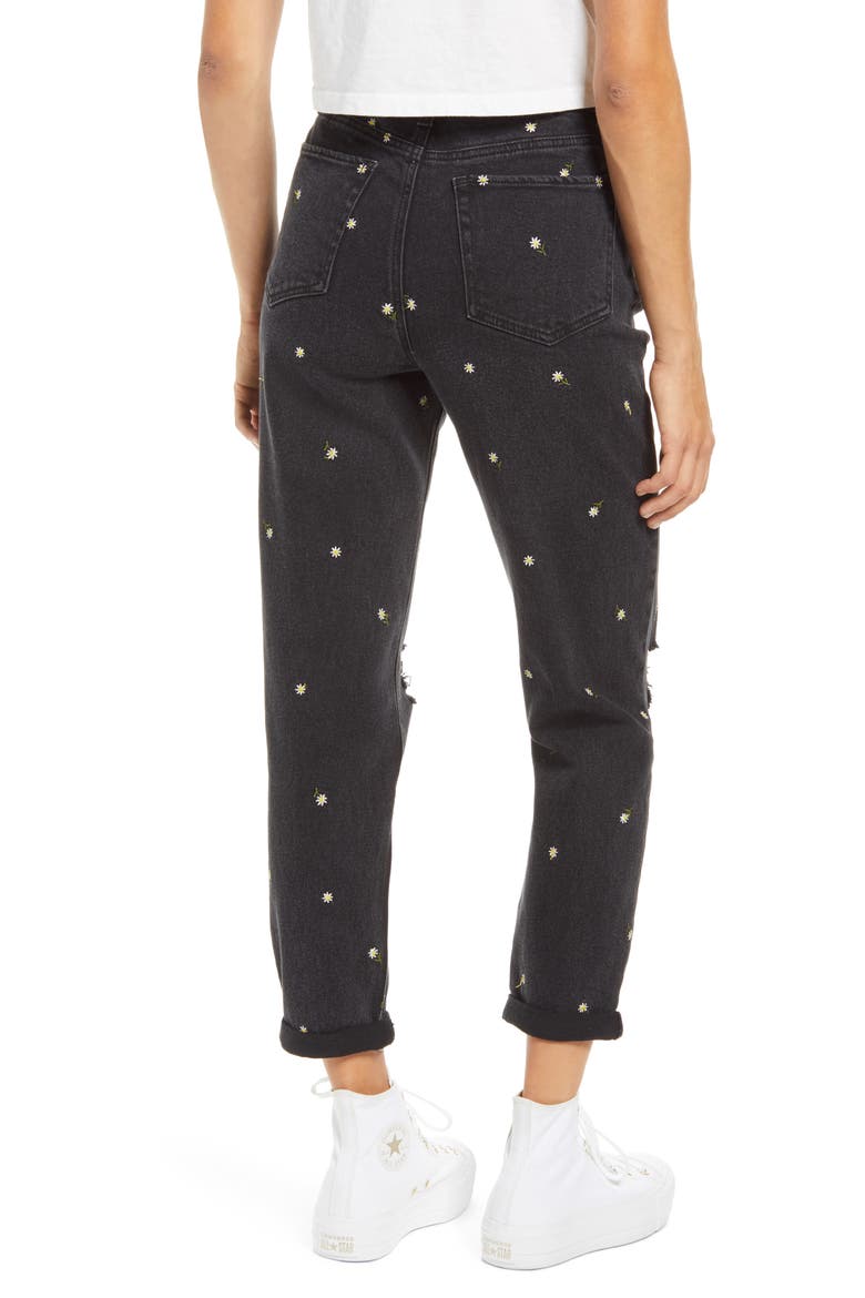 Daisy Embroidered Ripped High Waist Mom Jeans, Alternate, color, WASHED BLACK