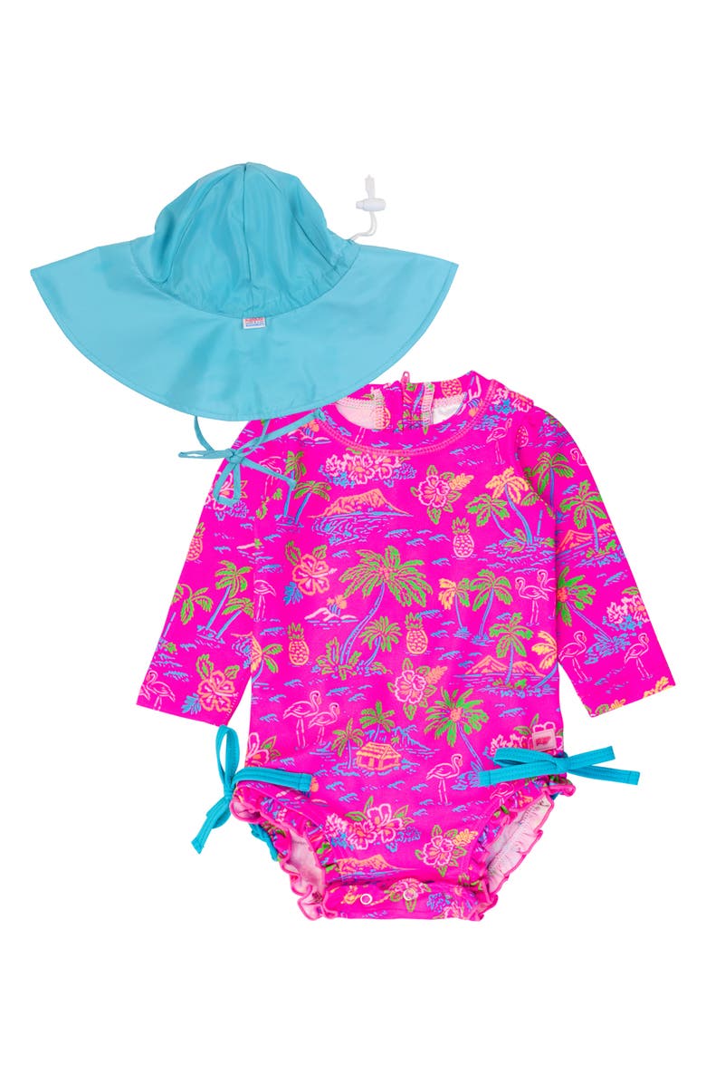 RuffleButts Vibrant Neon Island Time One-Piece Rashguard Swimsuit & Hat Set, Main, color, 