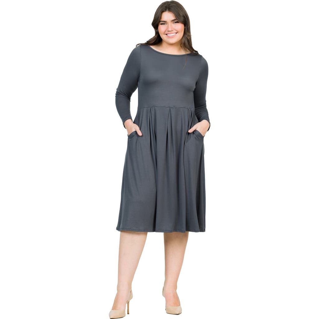 24seven Comfort Apparel Plus Size Long Sleeve Fit And Flare Midi Dress In Gray