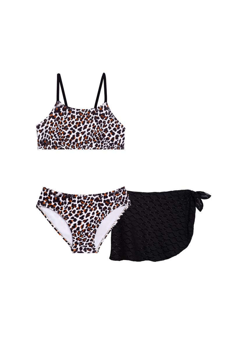 Girls 3-Piece Bikini Set with Crochet Sarong Coverup, Main, color, Charming Leopard