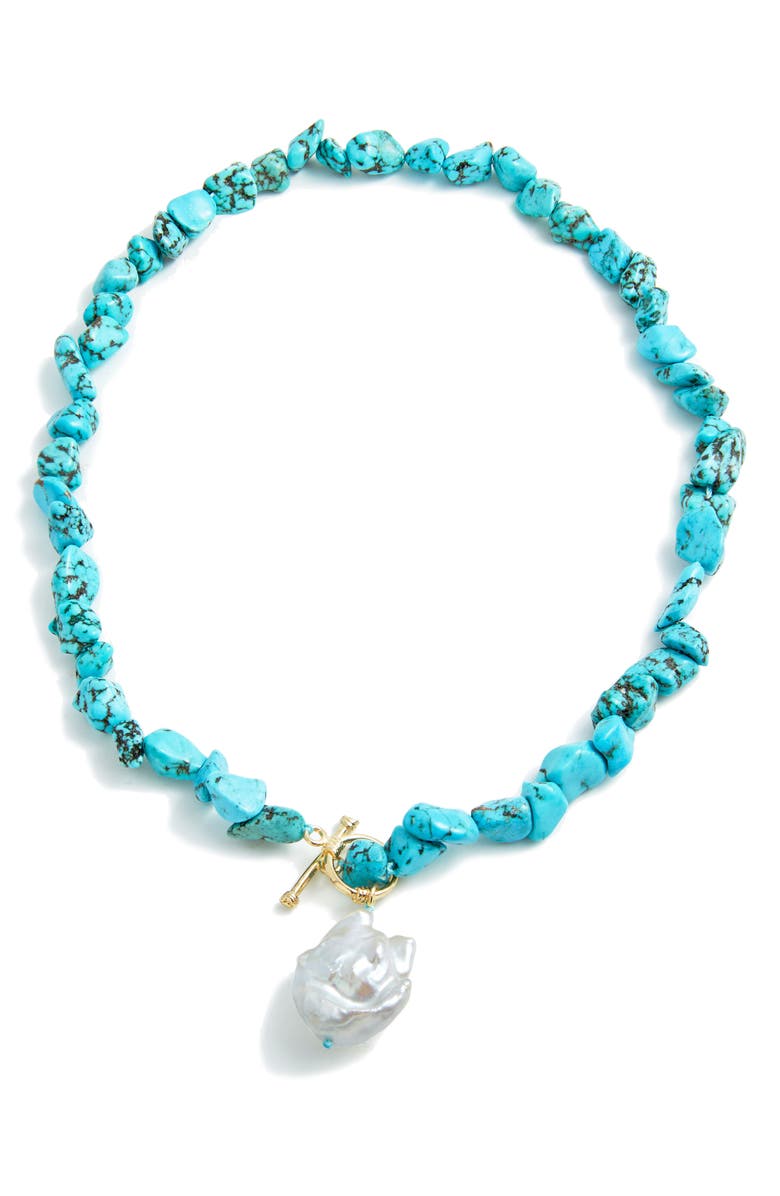 SAVVY CIE JEWELS Dyed Howlite & Baroque Pearl Pendant Toggle Necklace, Main, color, Turquoise