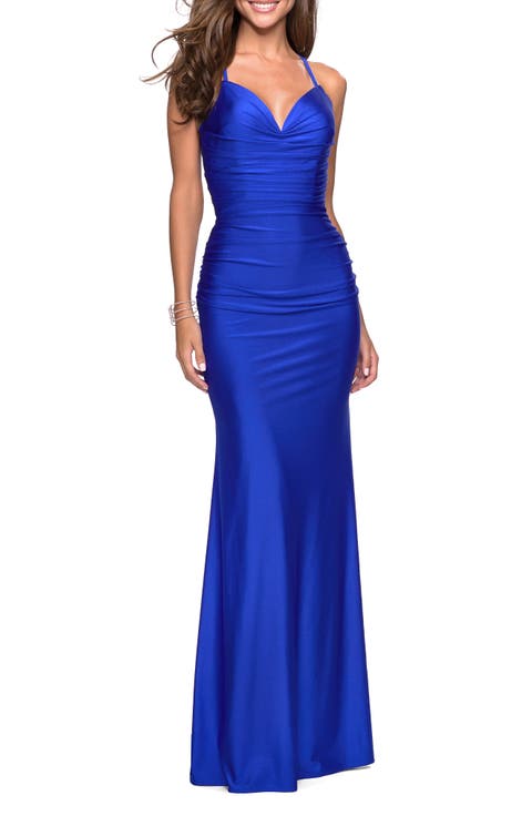 Form Fitting Jersey Dress with Ruching and Strappy Back