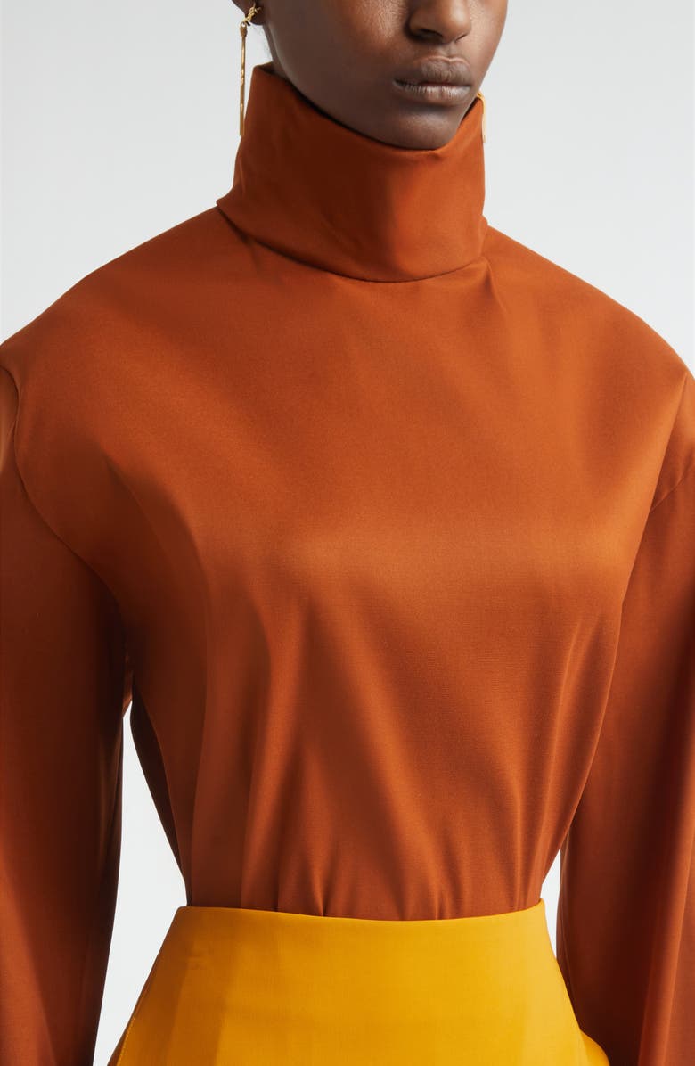 Saint Laurent Turtleneck Silk Blend Organza Top, Alternate, color, Caramel