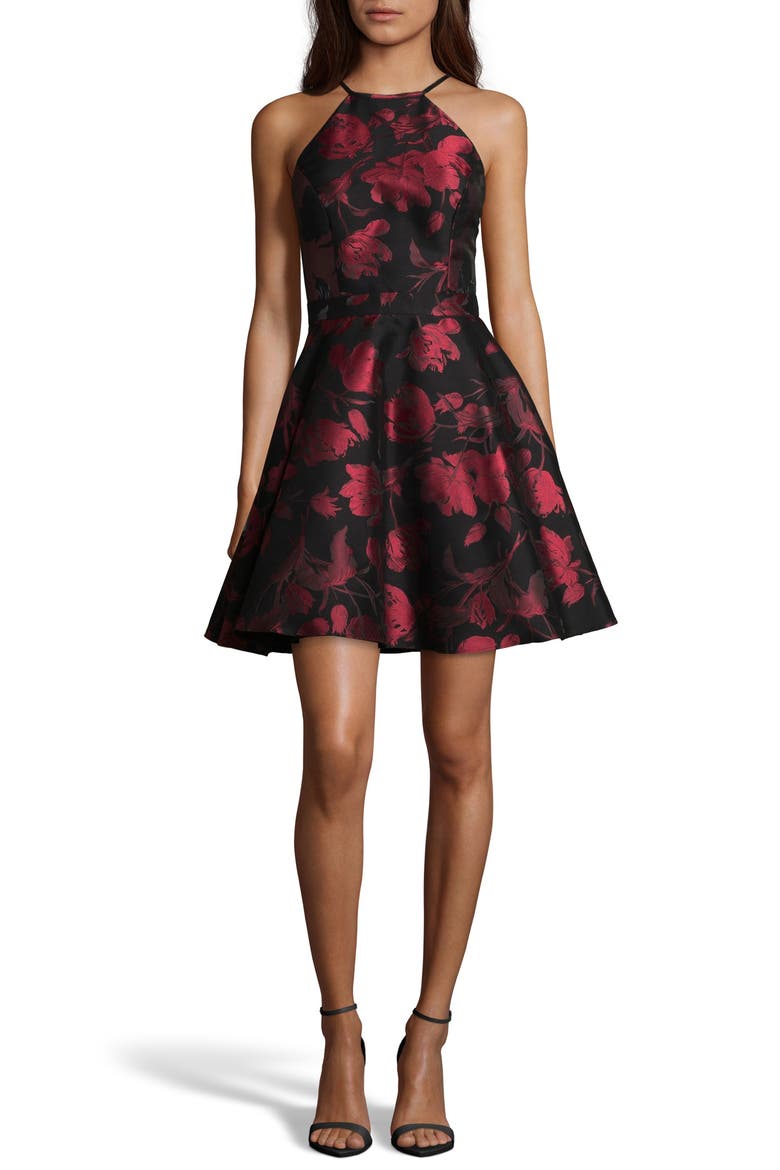 Xscape Halter Neck Brocade Fit and Flare Party Dress, Main, color, BLACK/ RED